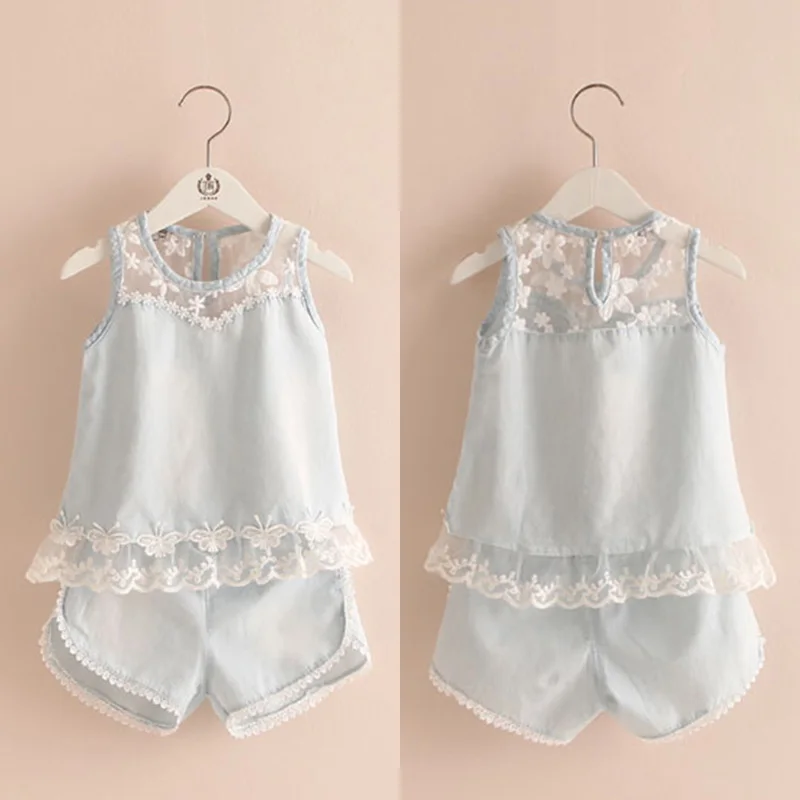 

Комплект из 2 предметов для девочек, голубая футболка с кружевным цветочным узором и джинсовые шорты, лето 2021, От 2 до 10 лет