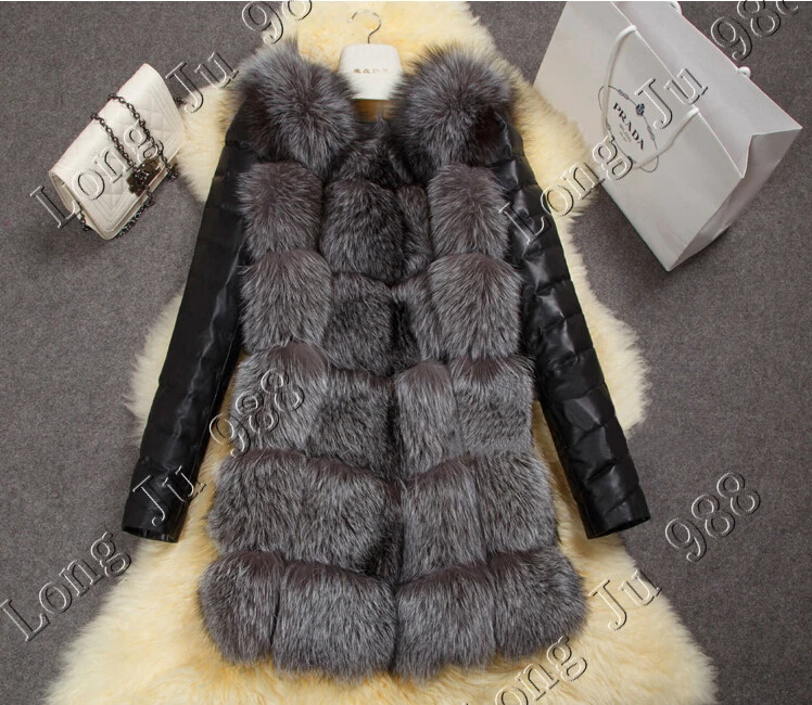 The silver fox color BINYUXD новые высококачественные шуба из искусственного меха серебристой лисы ПУ рукава теплое зимнее пальто из лисы Большие размеры пальто - Цвет: The silver fox color