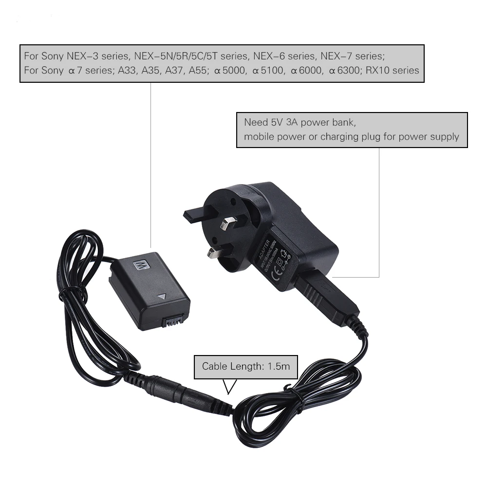 Andoer NP-FW50 манекен Батарея USB Мощность кабель-переходник с Мощность разъем Замена для AC-PW20 для sony NEX-3/5/6/7 серии