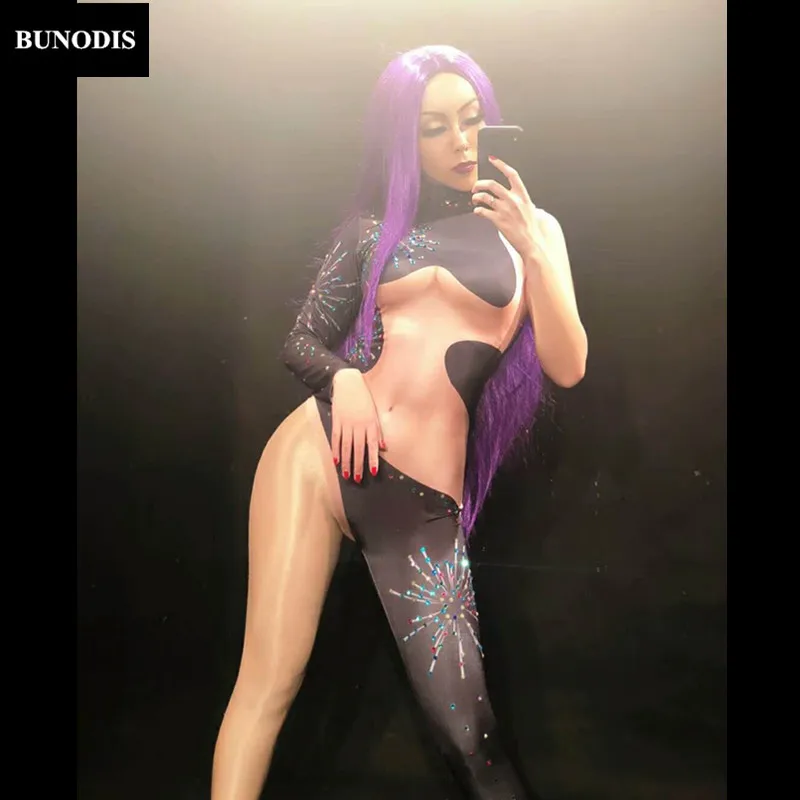 ZD176 женский сексуальный комбинезон Harf Naked с блестящими кристаллами одним рукавом