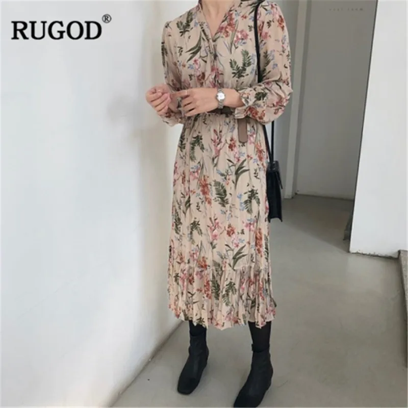 RUGOD платье летнее Винтаж цветочный принт для женщин Мода V образным вырезом