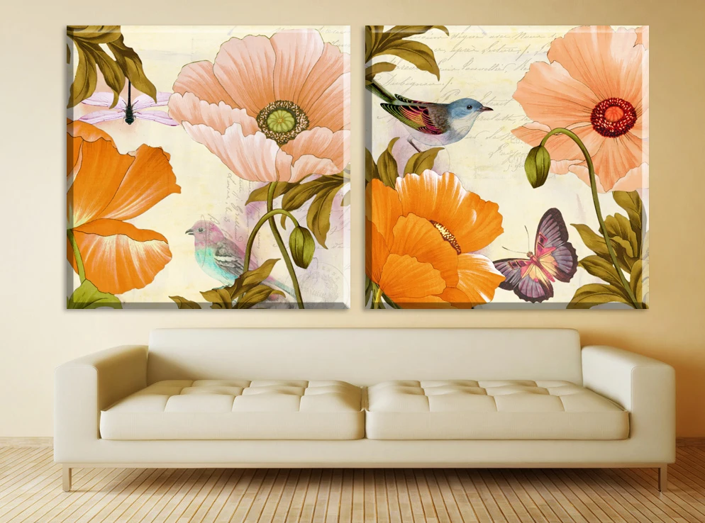 2 шт. недорогие настенные картины с цветами и птицами на холсте картина маслом