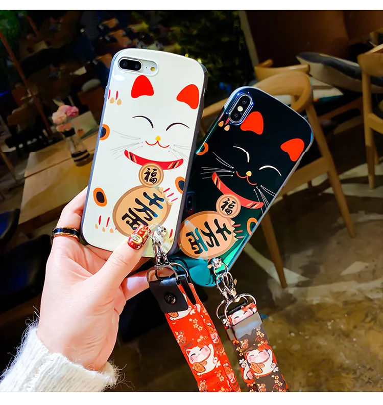 For iphone 11 Pro Fortune Cat Shield Case Lucky Soft cover XS max X XR 6 6s 6sp 7 8 plus Maneki Neko +straps |