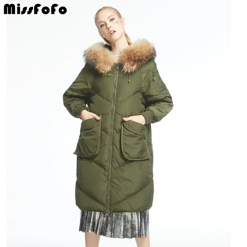 MissFoFo новый модный пуховик Верхняя одежда зеленые большие натуральные меховые