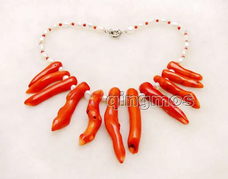 

Big 8*70mm GENUINE Natural Red Branch shape Coral and 7-9mm White Baroque Pearl 18" Necklace-nec6161 Wholesale/retail Free ship