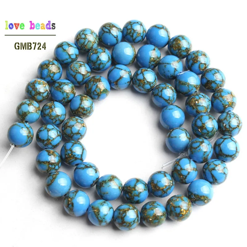 Голубые Круглые бусины Howlite из прядильного золота бриллиантовый браслет 15 дюймов