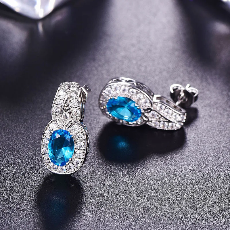 Blue Wong Rain, Винтажные серьги-гвоздики из 925 пробы серебра с камнем по месяцу рождения, серьги из белого золота с арахисовым камнем, ювелирные изделия - Цвет камня: Blue