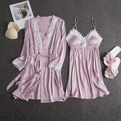 pink set Fiklyc/ г. Новое поступление, весенний халат из искусственного шелка+ ночная рубашка, комплект из двух предметов, халат и платье, с подкладом на груди, кружевной, в стиле пэчворк - Цвет: pink set