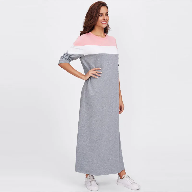 Dotfashion платье-толстовка с вырезом и вышивкой, разноцветное платье с круглым вырезом, Осеннее женское платье, платье с длинным рукавом