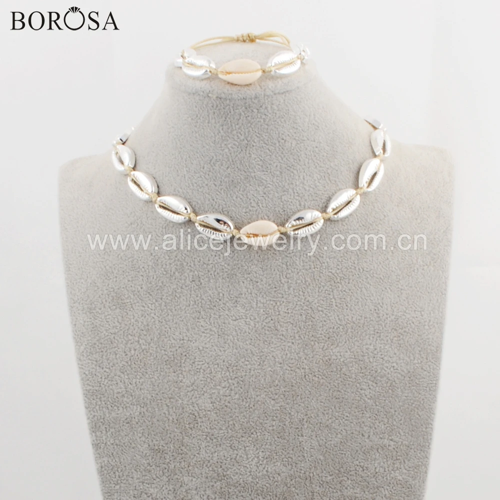 BOROSA 5Sets New Silver Color Cowrie Shell Adjustable Bracelet Necklace Seashell Ocean Beach Jewelry Sets for Women WX1096 | Украшения и