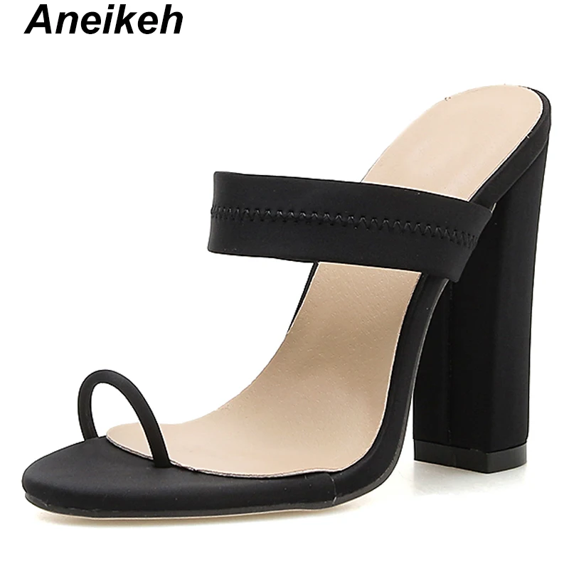Aneikeh/ г. Новая модная обувь из pu искусственной кожи туфли женские шлепанцы с открытым носом однотонные босоножки с открытой пяткой на тонком каблуке черные, светло-зеленые Размеры 35-40