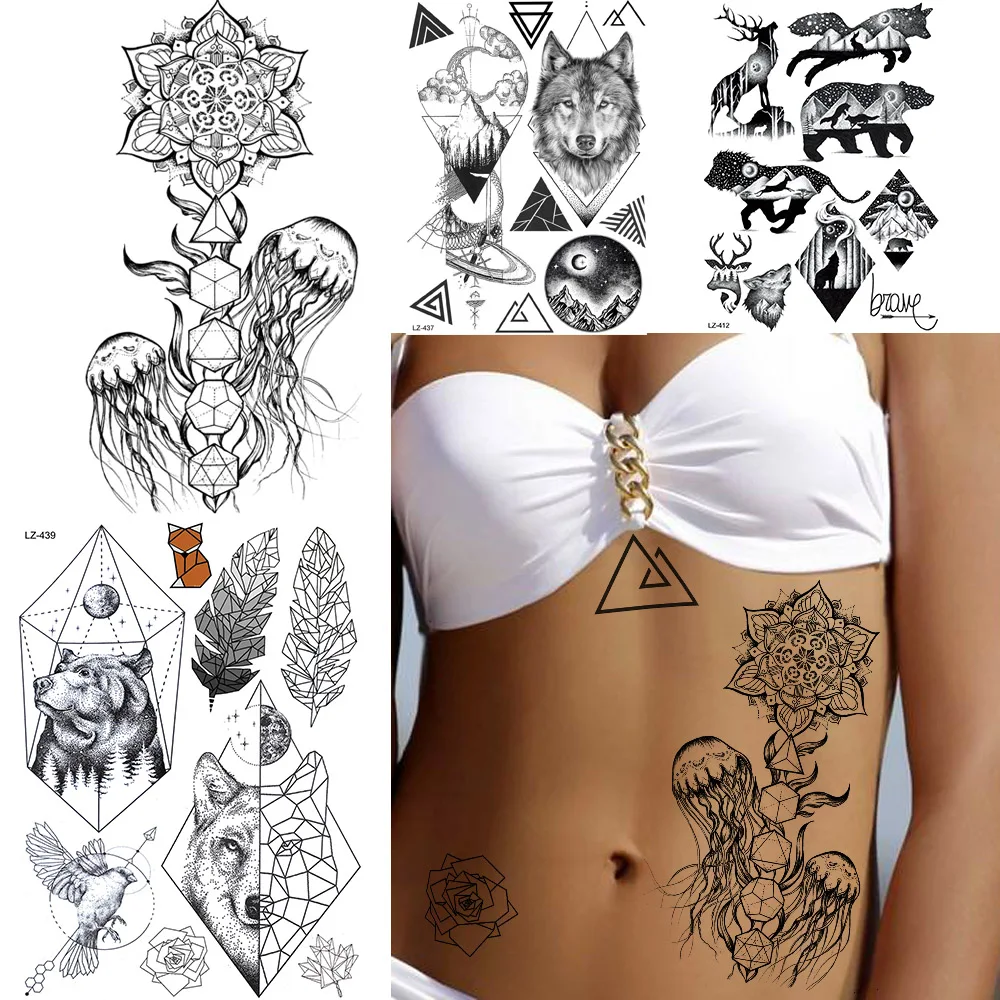 

FANRUI Sexy Black Jellyfish Daimond Geometric Adult Temporary Tattoos For Women Sticker Fake Tatoos Body Art Waist Custom Tattoo