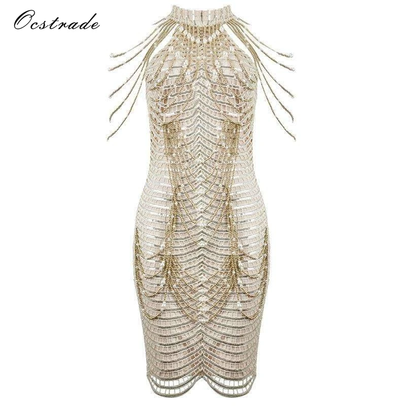 Платье для вечеринки Ocstrade Women Pencil 2017 Рождественская мода Роскошное украшение цепью Сексуальные платья Bodycon для ночи.