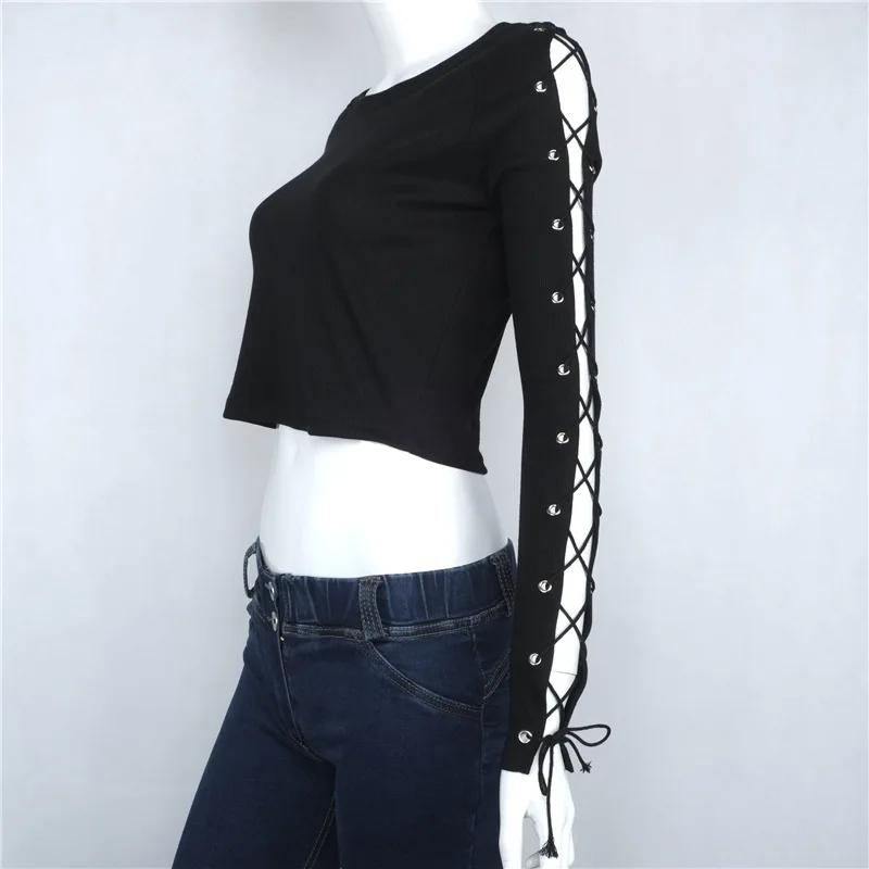 Новинка 2016 женская блузка со шнуровкой и длинным рукавом эротичный вырез женские