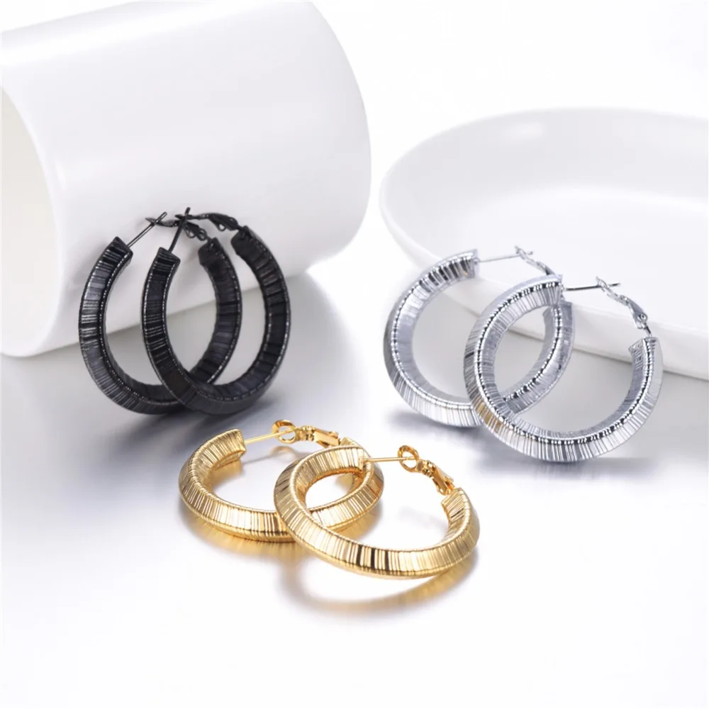 U7 Simple Earrings Round Circle 25mm / 40mm Three Color Trendy Design New Hoop Female Earring Jewelry Party Gift For Women E1014