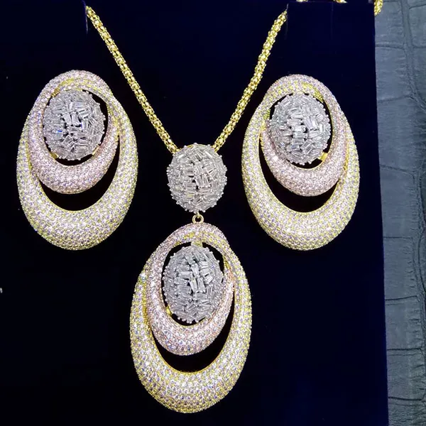 3 Tone Set GODKI роскошный эксклюзивный Круглый комплект из сережек и ожерелья для женщин Свадебные кубические циркония Дубай высококачественные ювелирные украшения набор - Окраска металла: 3 Tone Set