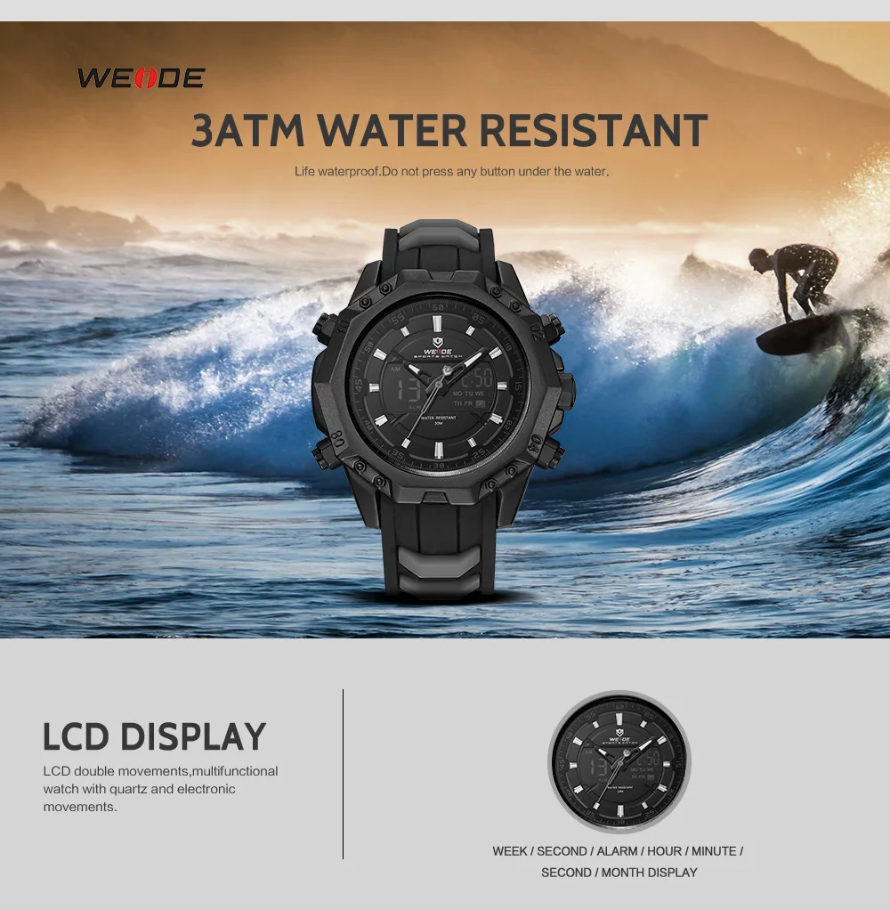 WEIDE 6406 мужские повседневные часы лучший бренд класса люкс будильник водостойкие спортивные наручные часы Аналоговые цифровой автоматический LCD человек