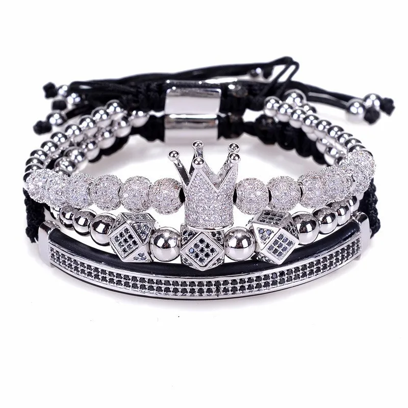 Silver set-6 Новинка, роскошный мужской браслет, ювелирное изделие, корона, шарм, 6 мм, микро, Pave CZ Ball, макраме, браслеты, Pulseira Masculina, праздничные подарки - Окраска металла: Silver set-6