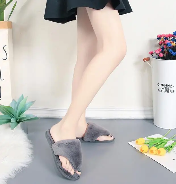 Women Slippers Winter Shoes Flat Sweet Slippers Woman Indoor Shoes Fur Warm Soft Slip On Black Pink Grey Female Slipper dd055