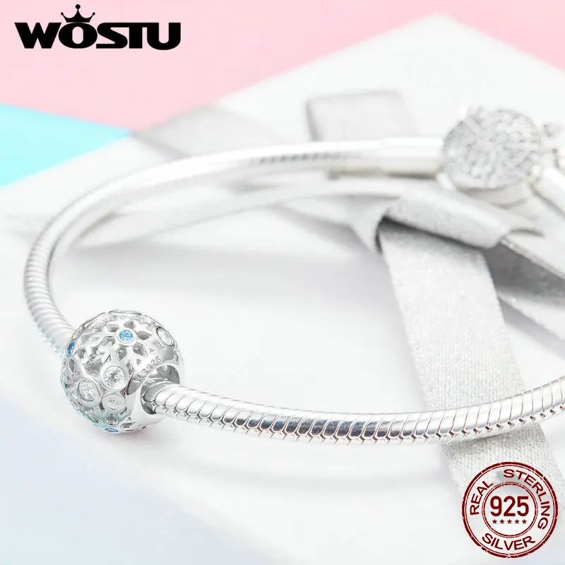 WOSTU Горячая Мода 925 пробы Серебряный Синий цвет зима снежинка бусины подходят браслет Подвеска оригинальные ювелирные изделия подарок CQC988
