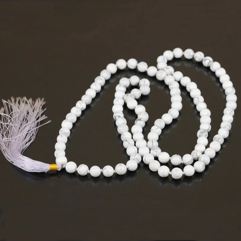 Эксклюзивный 108 Белый Howlite камень бусы ожерелье Длинная кисточка духовная Йога