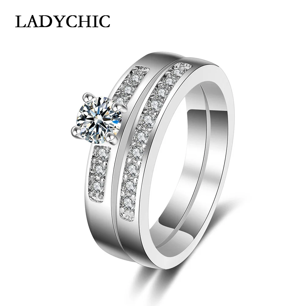 

LADYCHIC Top Quality White Gold Color 4 Prongs Wedding Bands Ring Sets Round Cubic Zirconia Rings Jewelry for Women LR1026