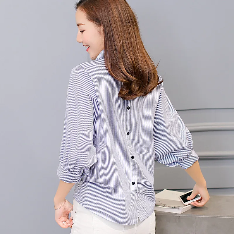 

women striped blouse shirt cotton casual half sleeve V neck summer autumn plus size female tops