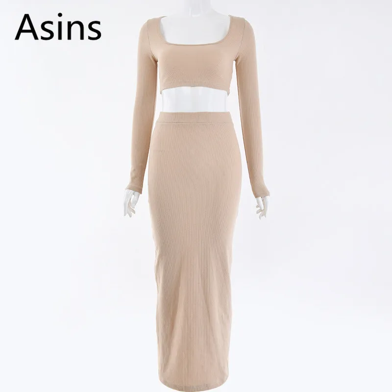 

Asins two piece set for women 2019 spring new hot casual fashion long sleeve round neck elastic force splice slim two-piece set