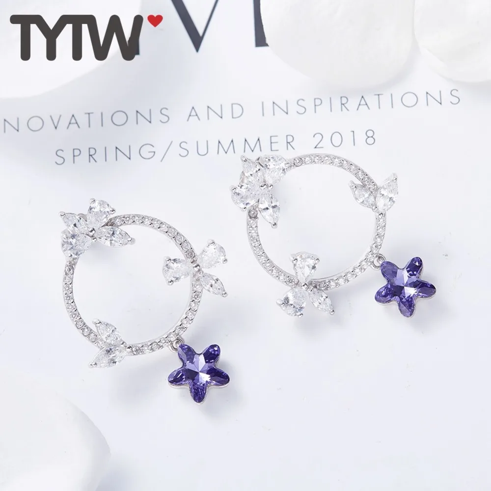 TYTW 925 Серебряные корейские серьги-гвоздики для девочек с кристаллами в виде