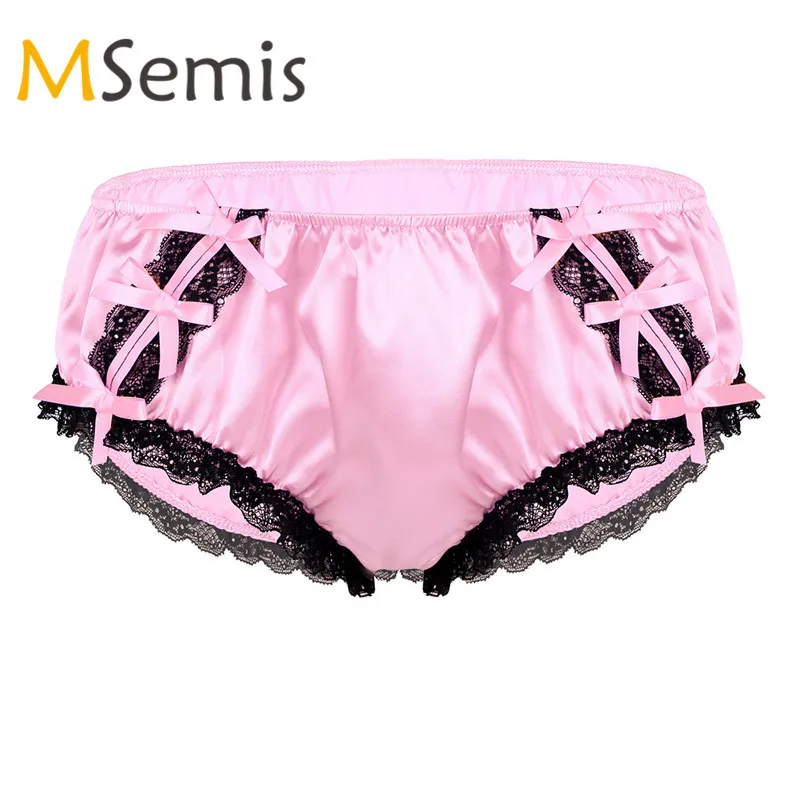 Мужское нижнее белье sissy блестящие мягкие кружевные Сатиновые трусы-бикини с