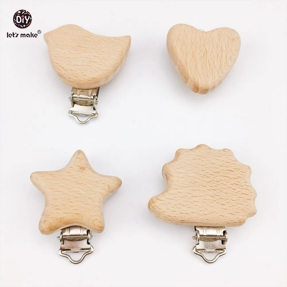 Let's Make-Accesorios de lactancia para beb&eacute;, cadena de chupete de coraz&oacute;n, Clip de chupete, Clip de Animal de madera, cuentas de dentici&oacute;n, mordedor, 5 uds.-5