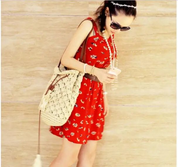 1 piece drawstring tassel straw vivi women's handbag fashion rattan bucket shoulder bag