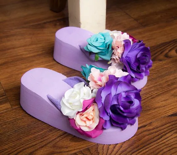 HAHAFLOWER/женские босоножки; босоножки с изображением розы ручной работы; пляжные вьетнамки на платформе для девочек; женская обувь; шлепанцы - Цвет: Бежевый