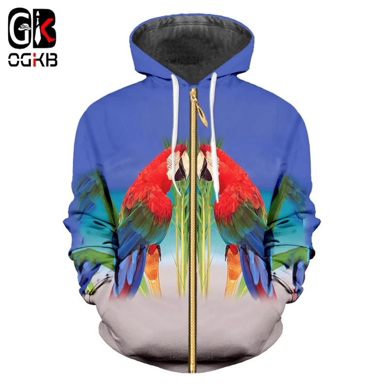 OGKB 3D толстовки на молнии Забавный принт Попугай Птица Толстовка для мужчин и