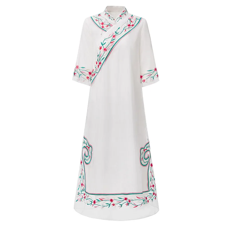 

Top Quality Brand Chinese Dress 2019 Summer Vintage Party White Pink Dress Women Organza Embroidery 3/4 Sleeve Mid-Calf Dress