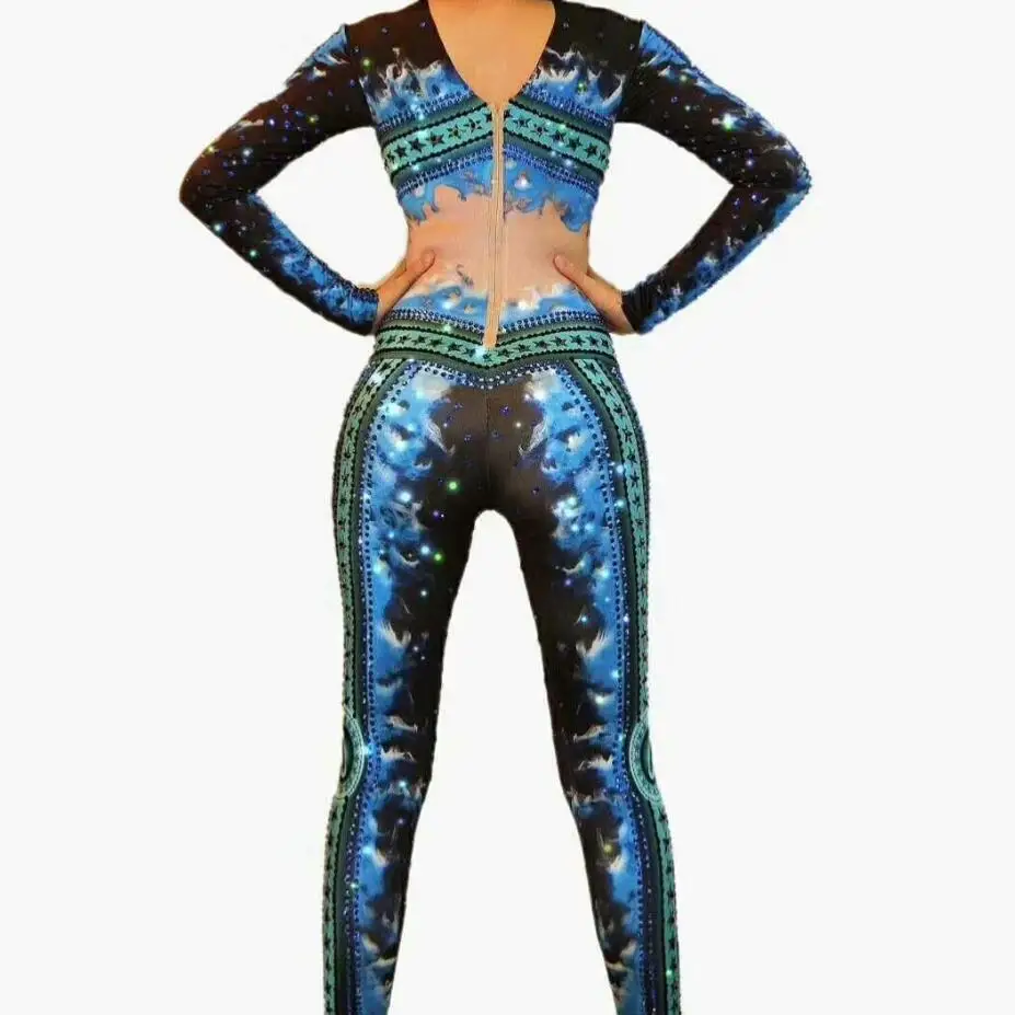 Printed Big Stretch Jumpsuit Sparkly Rhinestones Bodysuit Stage Wear Women's Celebrate Jazz Dance Costume Outfit DJ259 | Тематическая