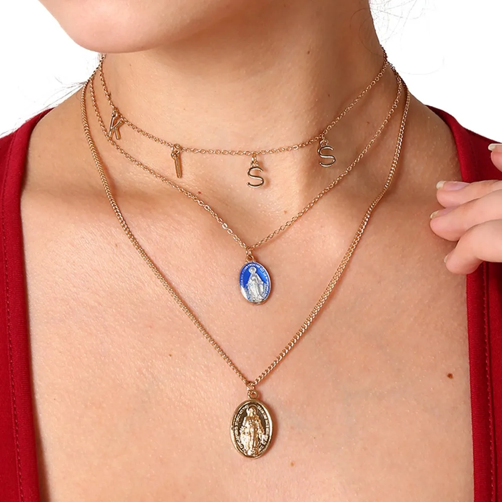 KISS web celebrity vintage multilayered exaggerated necklace with Jesus cross alloy letter set clavicle | Украшения и аксессуары