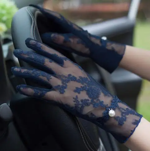 E dark blue Женские кружевные солнцезащитные перчатки на весну и лето, женские противоскользящие перчатки для вождения, сексуальные кружевные перчатки для девушек R002 - Цвет: E dark blue