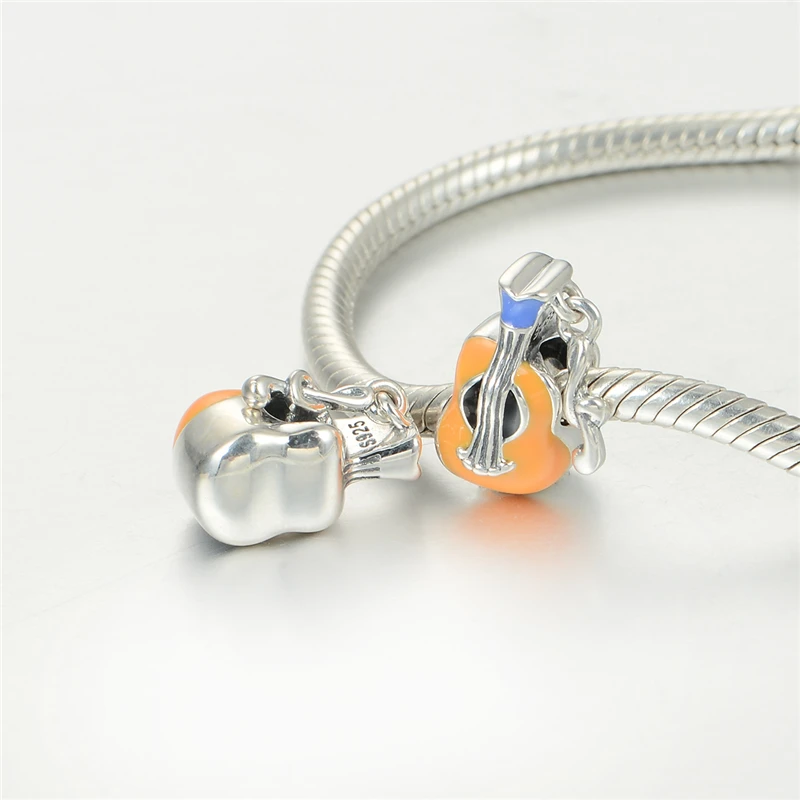 Серебряный 925 Ювелирная Скрипка Подвески оранжевый цвет эмаль Diy втулок для