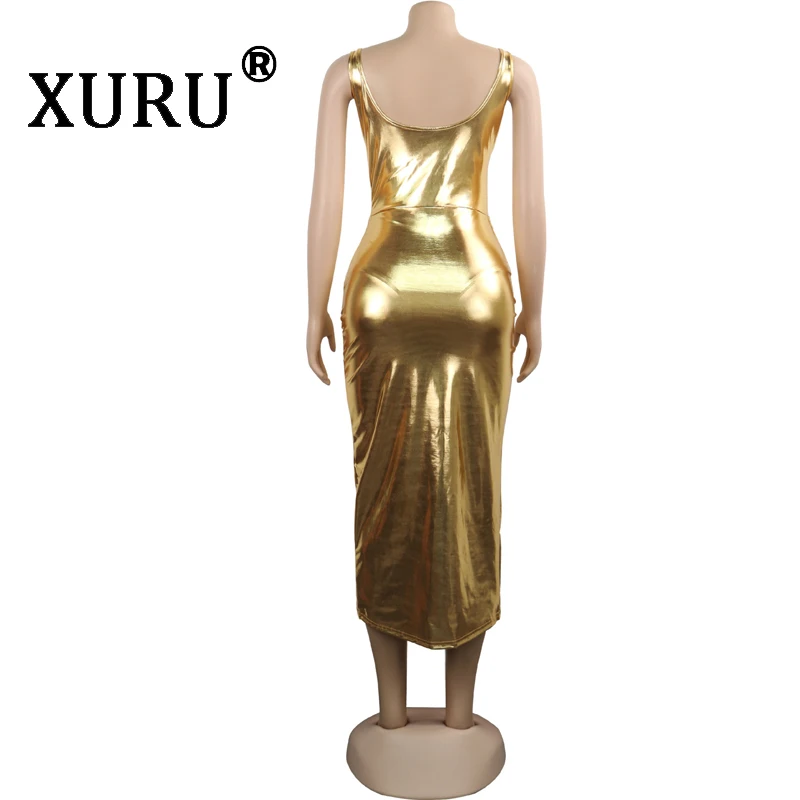 

XURU new sexy women's dress gold split fork hollow Slim nightclub dress gilded strap irregular dress