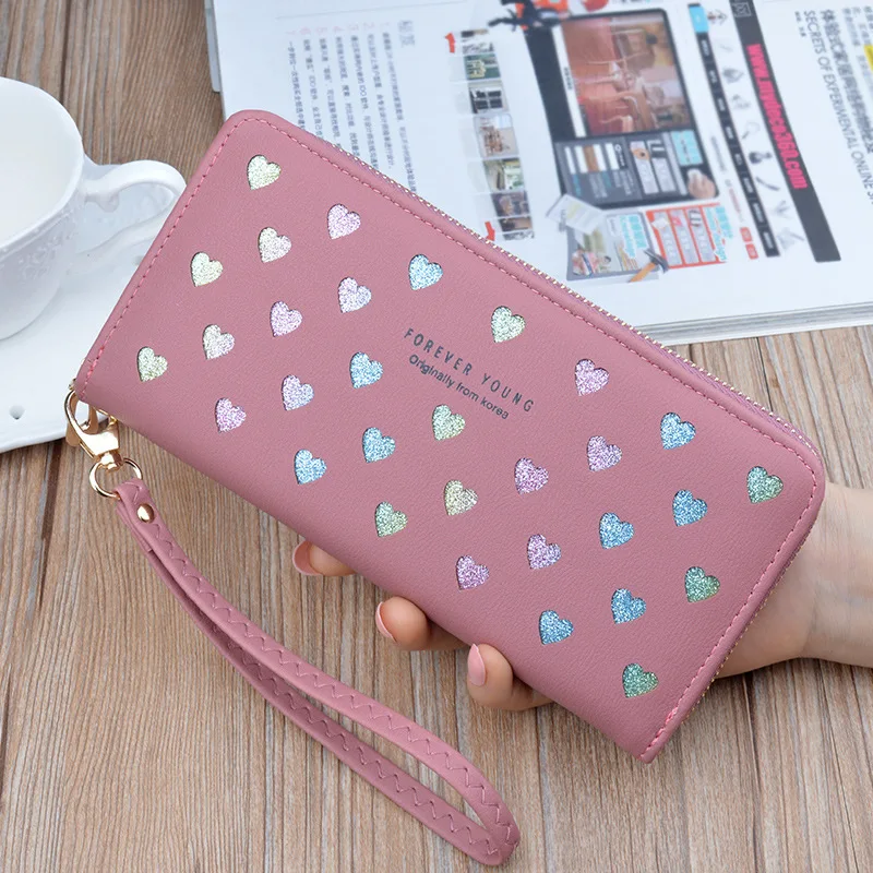 Leather women's wallet New cute Love color hollow large capacity Purses women Solid color purses Long Love zipper female wallet - Цвет: Bean paste