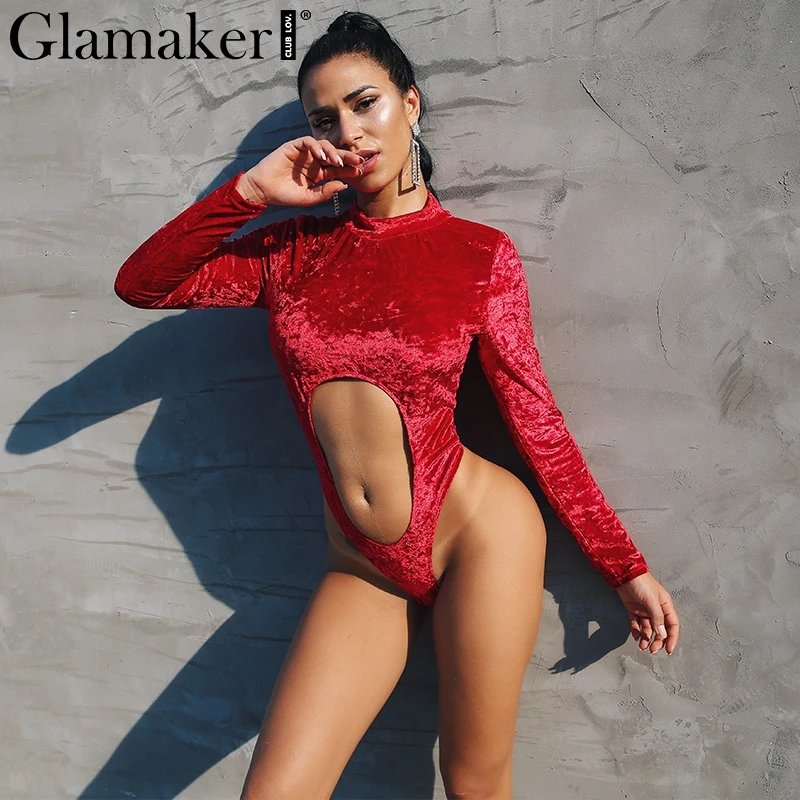 Женский велюровый комбинезон Glamaker красный короткий с длинными рукавами и
