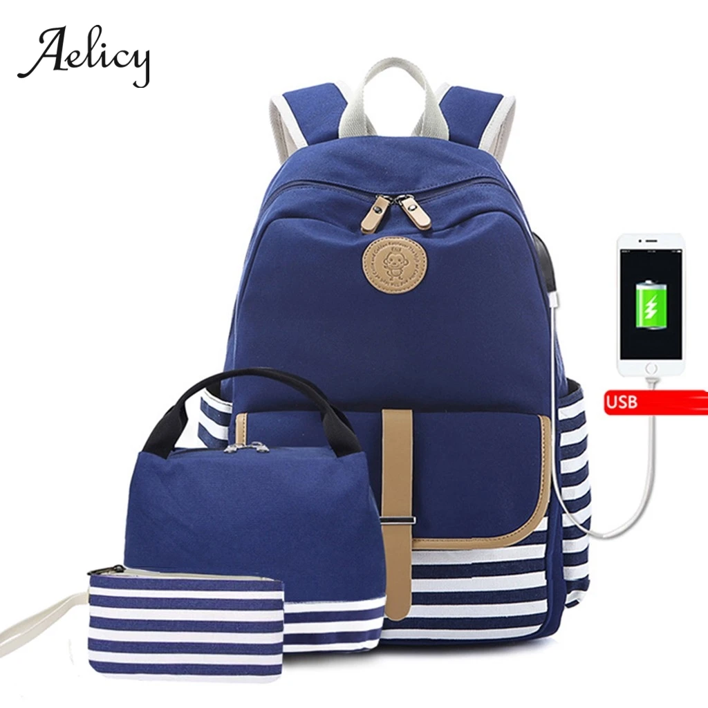 Aelicy 3 шт./компл. Usb зарядный рюкзак мужской темно синий полосатый студенческий для