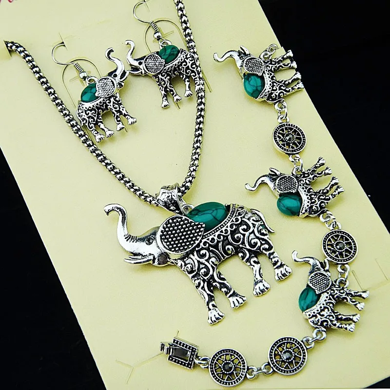 3 шт слон Зеленый Бирюзовый ожерелье браслет серьги женское животное античное