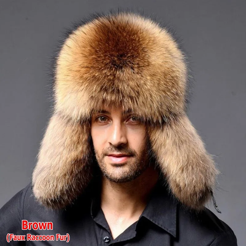 brown Черная/коричневая/серая русская Кожаная Шапка-бомбер для мужчин, зимние шапки из искусственного меха енота с наушниками, Запорожская шапка-ушанка - Цвет: brown