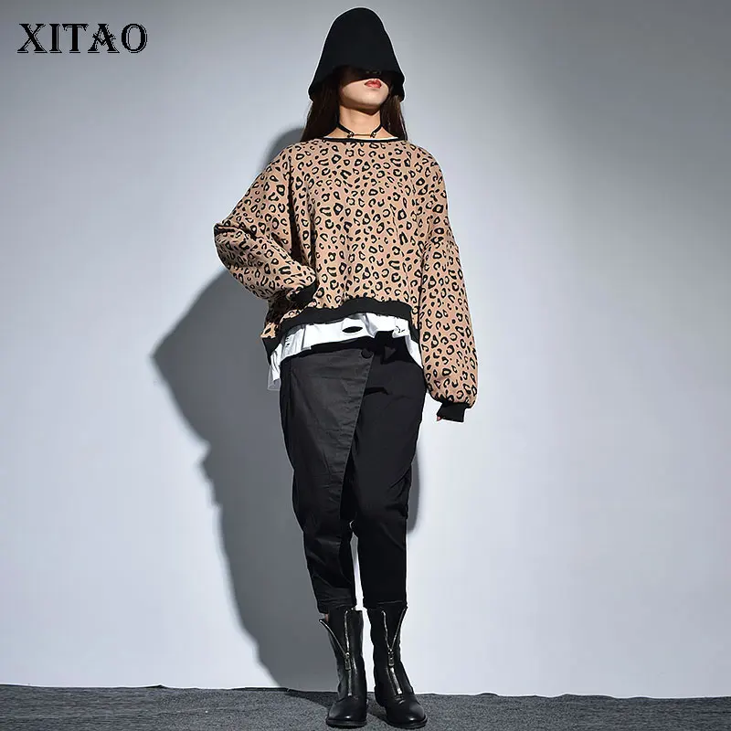 Женский леопардовый Топ XITAO Свободный Повседневный свитшот с круглым вырезом и