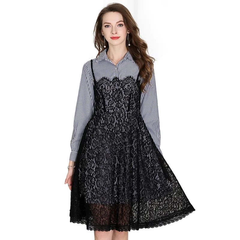 Новинка весны 2018 женское кружевное платье в полоску из двух частей. Повседневное