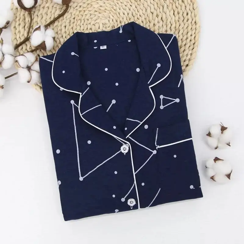 Man dark blue Для влюбленных, новая мода, звездное небо, пижамные комплекты для женщин,, лето,, марля, хлопок, длинный рукав, повседневная одежда для сна, уютная, свежая Пижама - Цвет: Man dark blue