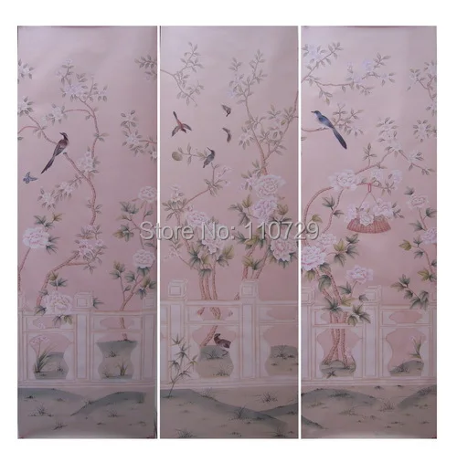 Ручная роспись шелковые обои Рисование дерево с птицами и пионами цветы ручная