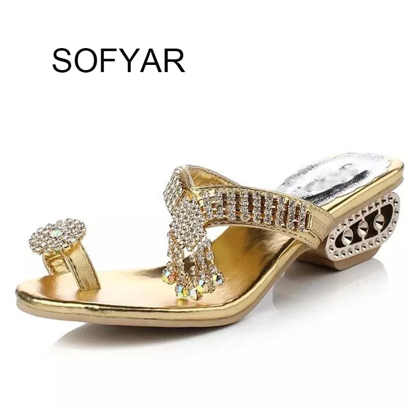 Сезон лето осень Вьетнамки с кристаллами на среднем каблуке ажурные шлепанцы